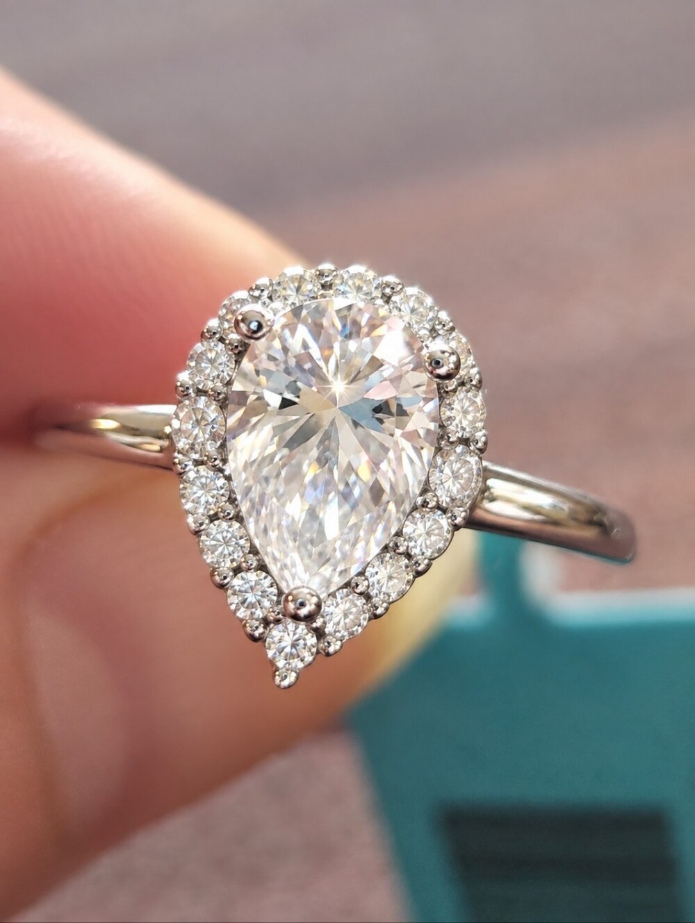 Pear Shaped Halo Moissanite Ring 925 Sterling Silver Size 9